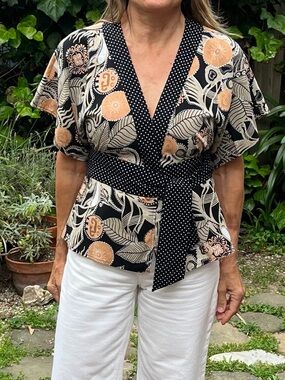 Ninety wrap kimono style woman's blouse black and yellow floral.